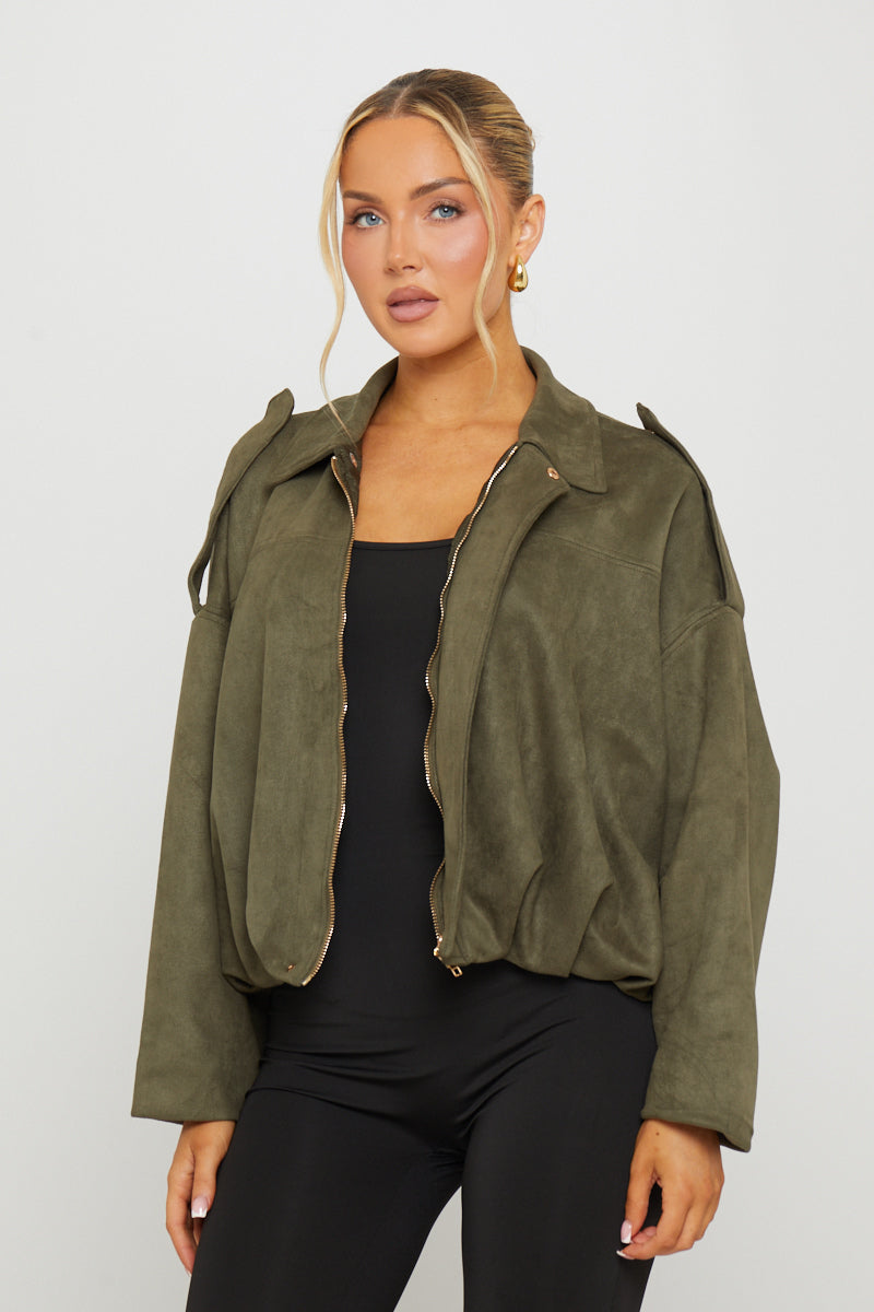 Khaki Suede Oversized Bomber Jacket