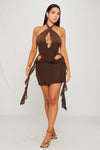 Brown Halter Neck Cut Out Open Back Mini Dress