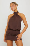 Brown Halter High Neck Open Back Mini Dress