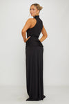 Black High Neck Draped Thigh Split Maxi Dress