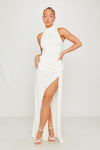 White High Neck Draped Thigh Split Maxi Dress