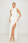 White High Neck Draped Thigh Split Maxi Dress