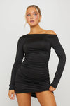 Black Ruched One Shoulder Long Sleeve Mini Dress