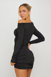 Black Ruched One Shoulder Long Sleeve Mini Dress