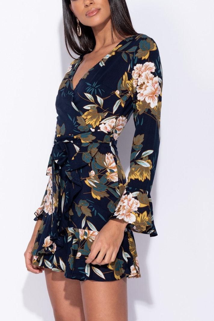 Navy Floral Wrap Front Frill Sleeve Tie Mini Dress