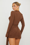 Brown Draped Long Sleeve Bodycon Mini Dress