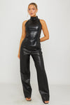 Black Faux Leather High Neck Sleeveless Top