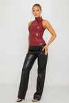 Burgundy Faux Leather High Neck Sleeveless Top