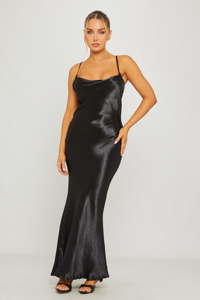 Black Satin Cowl Neck Slip Maxi Dress