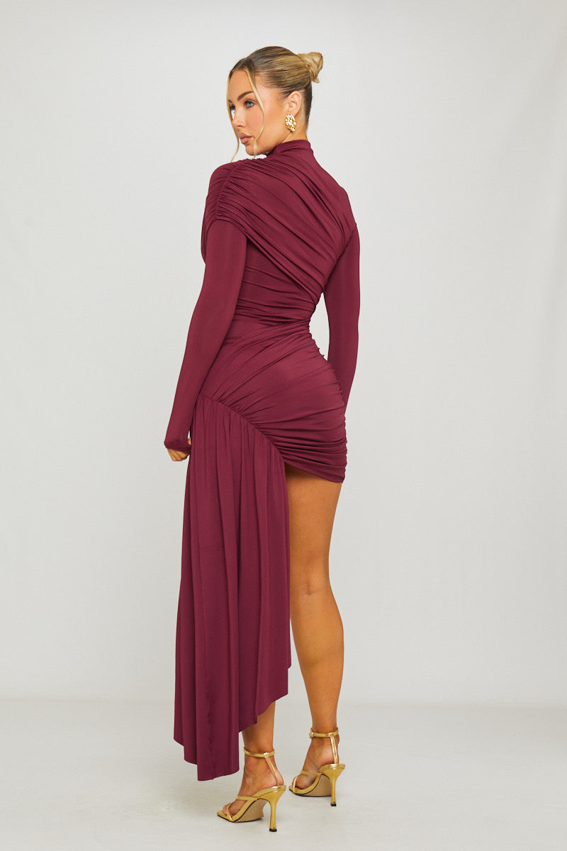 Wine High Neck Long Sleeve Draped Mini Dress