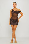 Brown Satin One Shoulder Mesh Detail Mini Dress