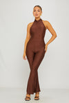 Brown High Neck Open Back Sleeveless Jumpsuit
