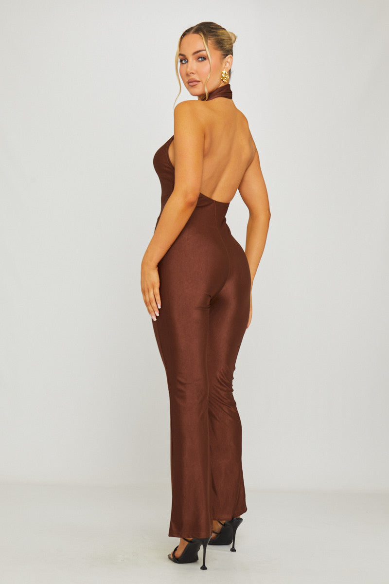 Brown High Neck Open Back Sleeveless Jumpsuit