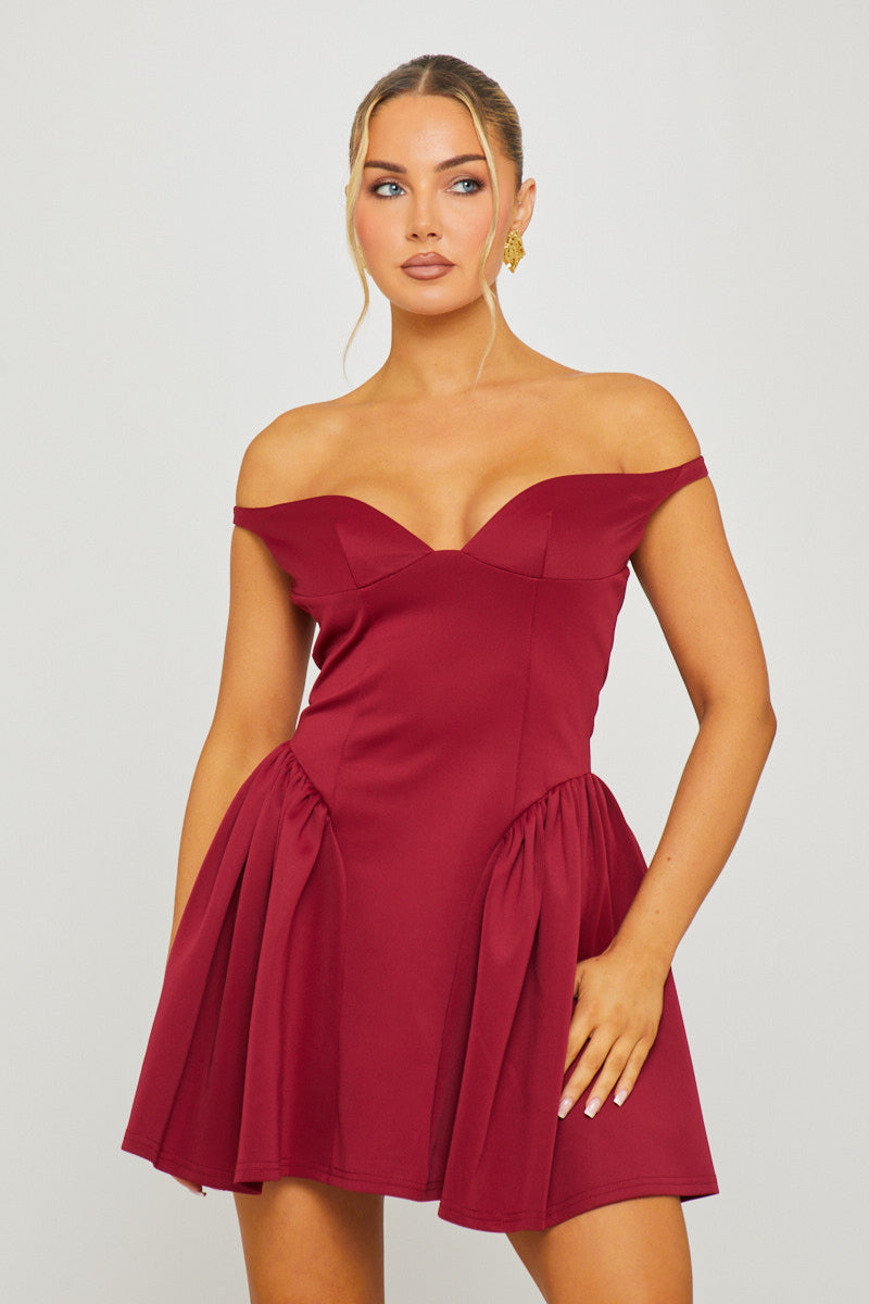 Wine Off Shoulder Drop Waist Mini Dress
