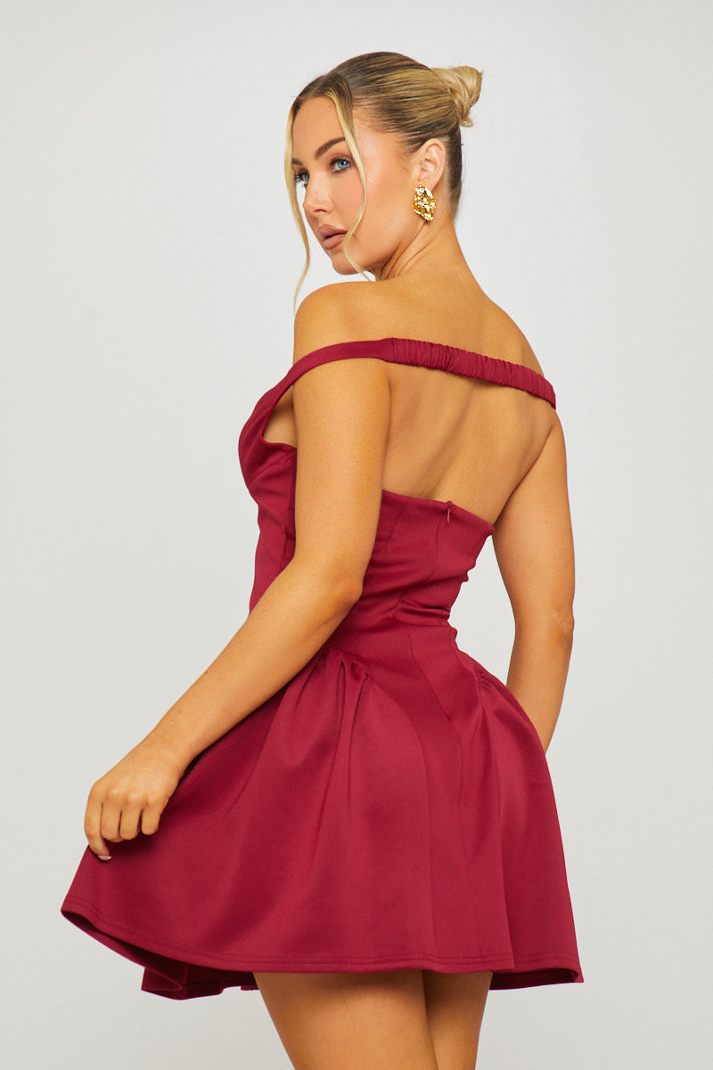 Wine Off Shoulder Drop Waist Mini Dress