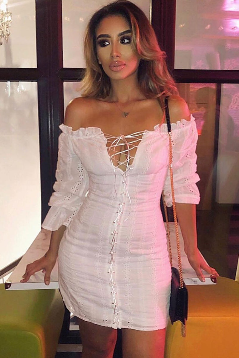 White Bardot Broderie Long Sleeve Lace Up Mini Dress