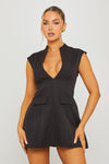 Black Plunge Neck Crepe Cap Sleeve Blazer Dress