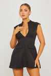 Black Plunge Neck Crepe Cap Sleeve Blazer Dress
