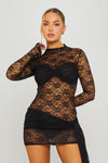Black Lace High Neck Draped Long Sleeve Mini Dress
