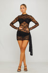 Black Lace High Neck Draped Long Sleeve Mini Dress