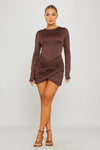 Brown Twist Front Long Sleeve Bodycon Mini Dress