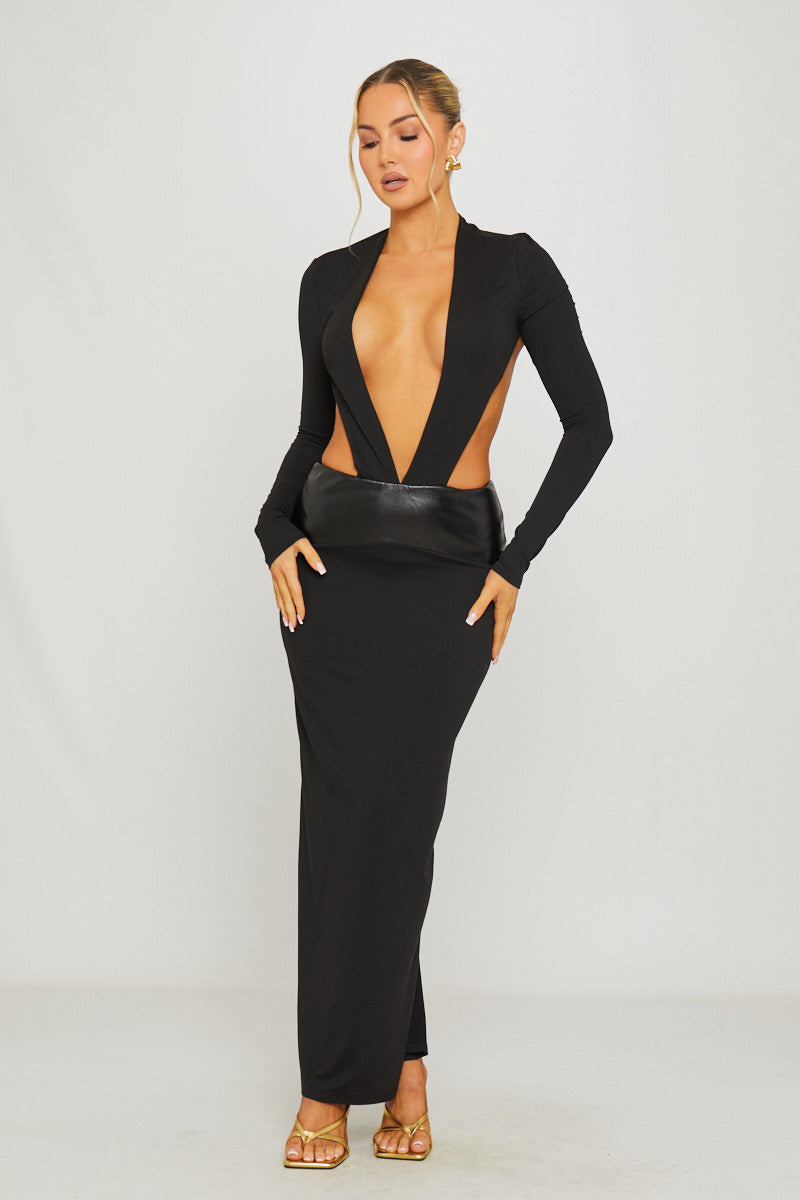 Black Plunge Neck Leather Waist Detail Maxi Dress