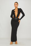 Black Plunge Neck Leather Waist Detail Maxi Dress