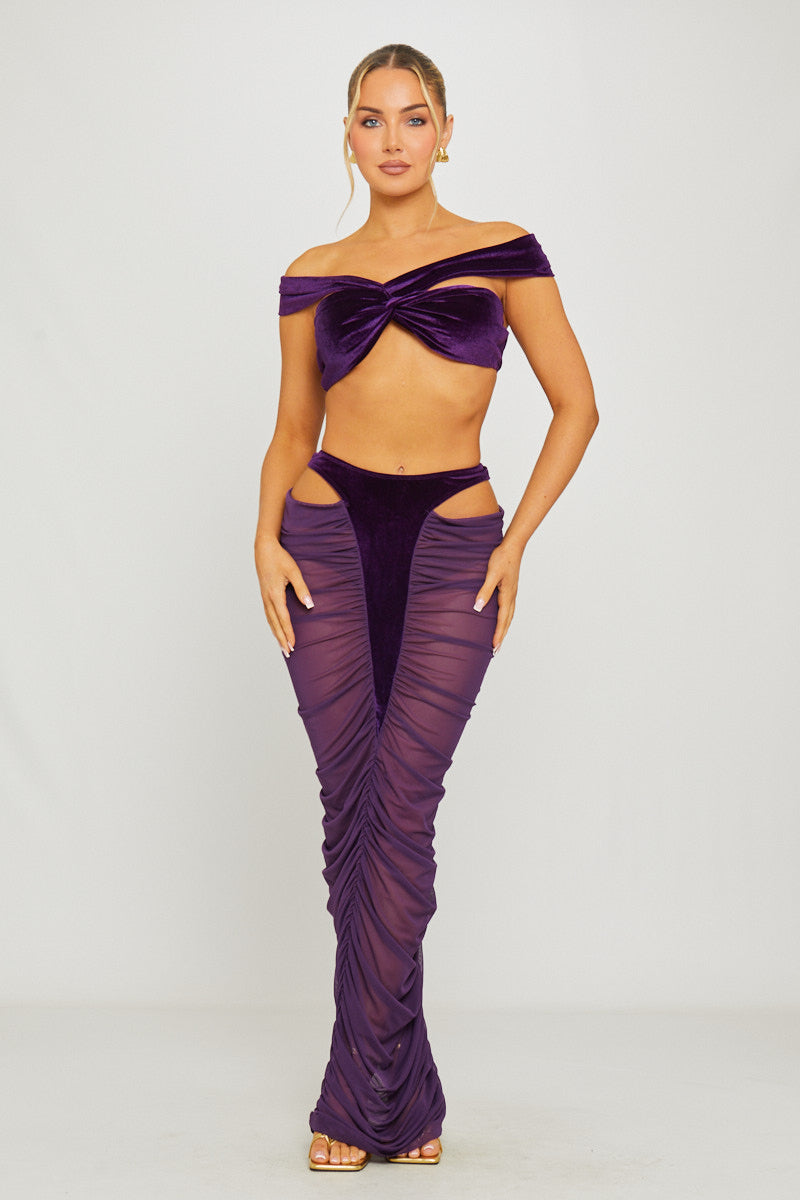 Purple Velvet Cut Out Top & Sheer Maxi Skirt Co-Ord