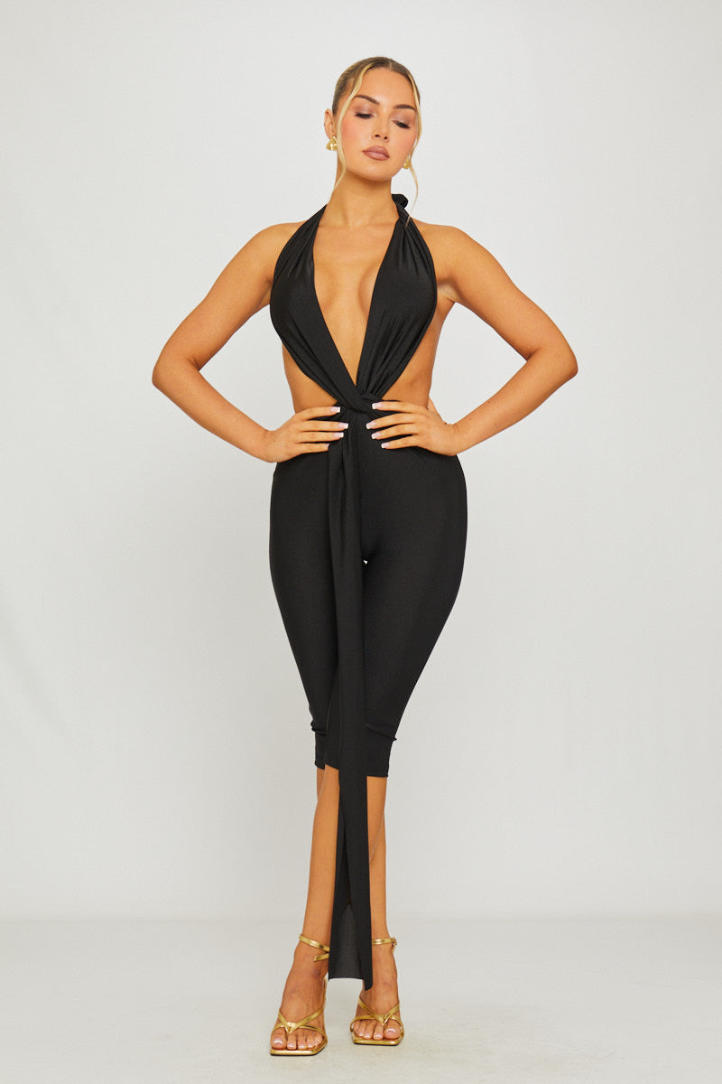 Black Deep Plunge Draped Detail Capri Jumpsuit