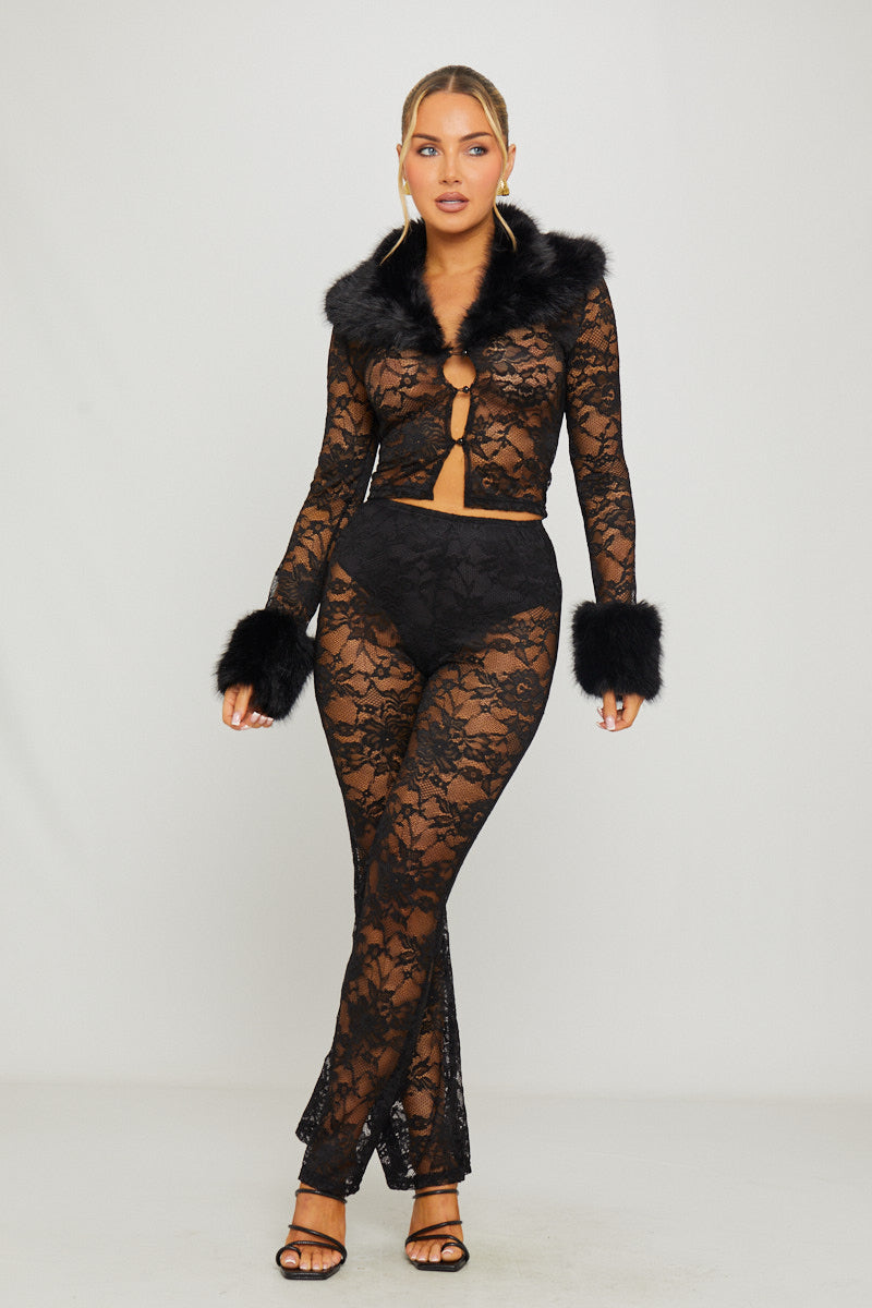 Black Faux Fur Trim Lace Cardigan & Flared Trousers Co-Ord