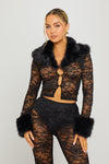 Black Faux Fur Trim Lace Cardigan & Flared Trousers Co-Ord