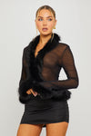 Black Sheer Faux Fur Trim Long Sleeve Top
