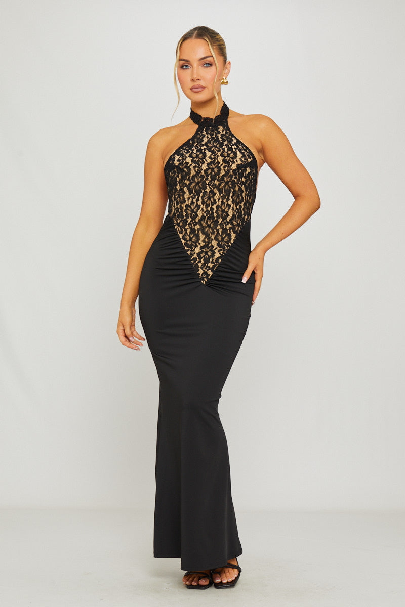 Black Lace Halterneck Open Back Maxi Dress