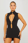 Black High Neck Cut Out Detail Plunge Mini Dress