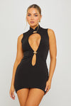 Black High Neck Cut Out Detail Plunge Mini Dress