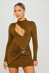 Khaki Cut Out Asymmetric Plunge Mini Dress