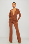 Brown Plunge Slinky Long Sleeve Jumpsuit