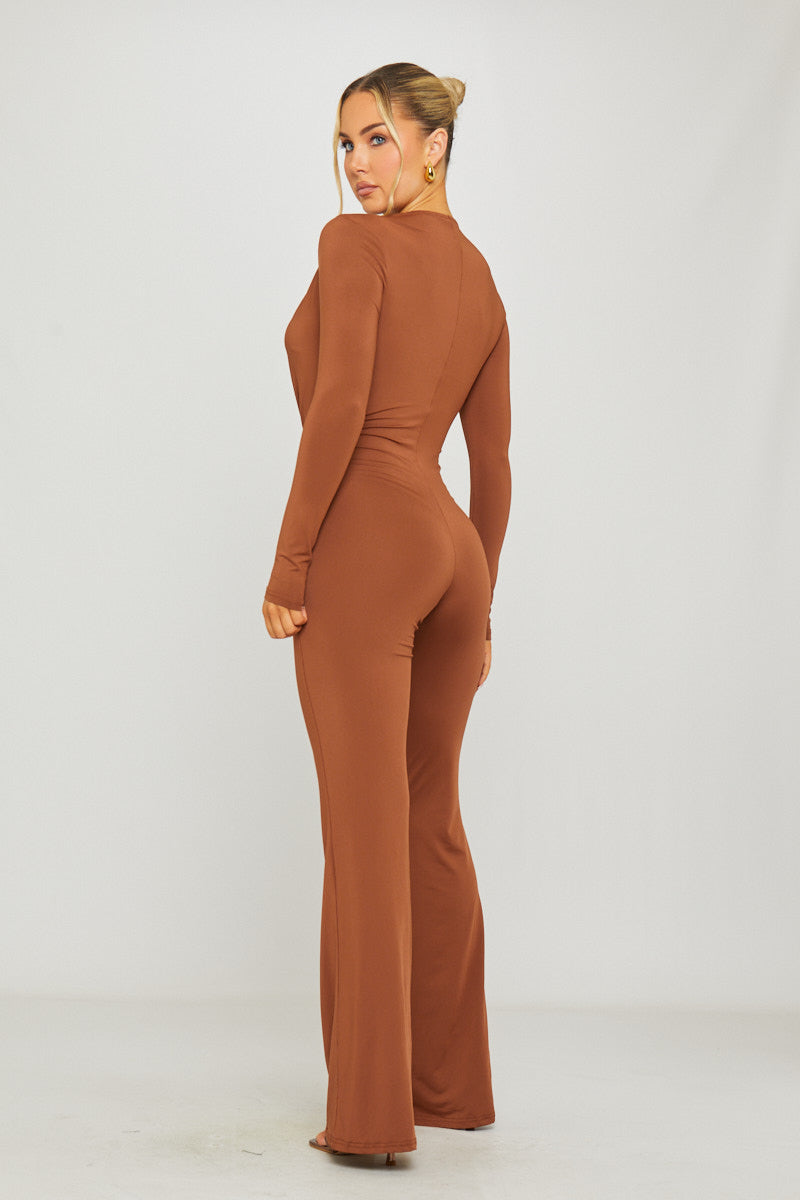 Brown Plunge Slinky Long Sleeve Jumpsuit