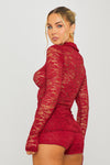 Wine Sheer Lace Button Top & Shorts Co-Ord