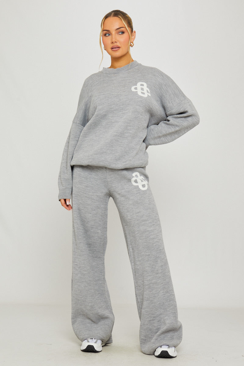 Light Grey Knit Oversized Swirl Detail Sweater & Joggers Co-Ord