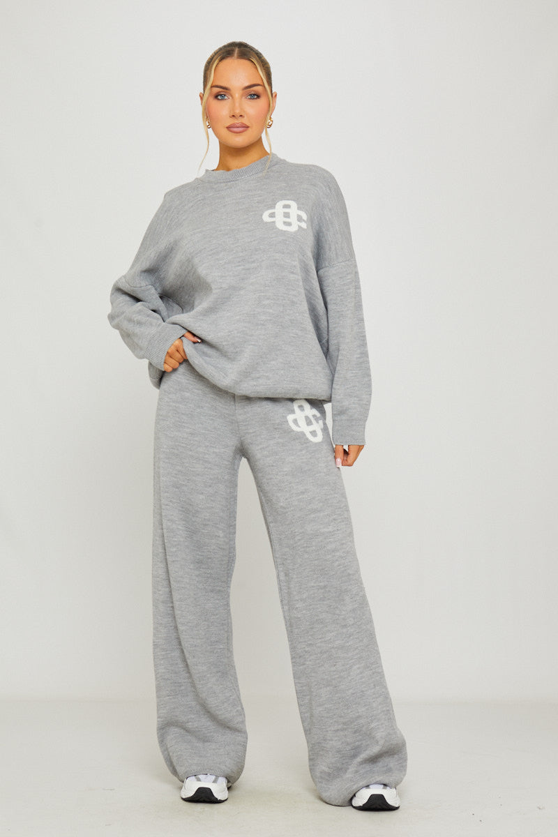 Light Grey Knit Oversized Swirl Detail Sweater & Joggers Co-Ord