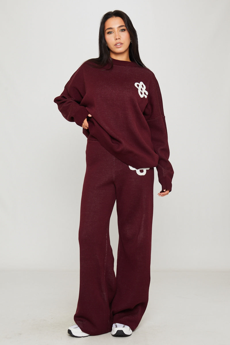 Wine Knit Oversized Swirl Detail Sweater & Joggers Co-Ord