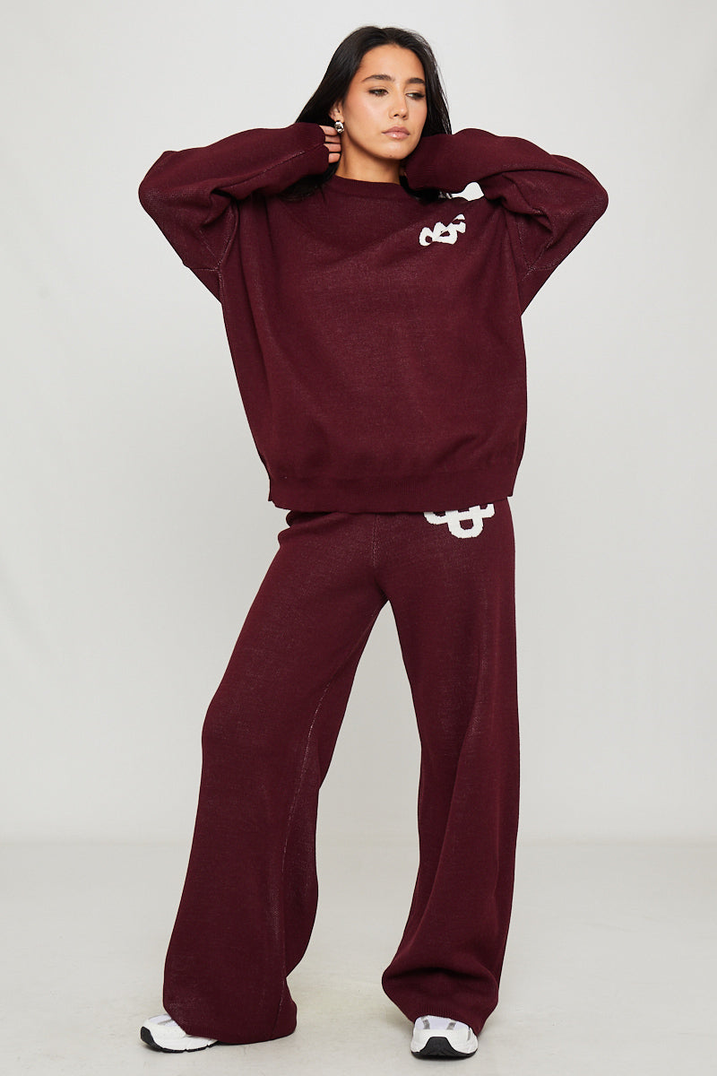 Wine Knit Oversized Swirl Detail Sweater & Joggers Co-Ord