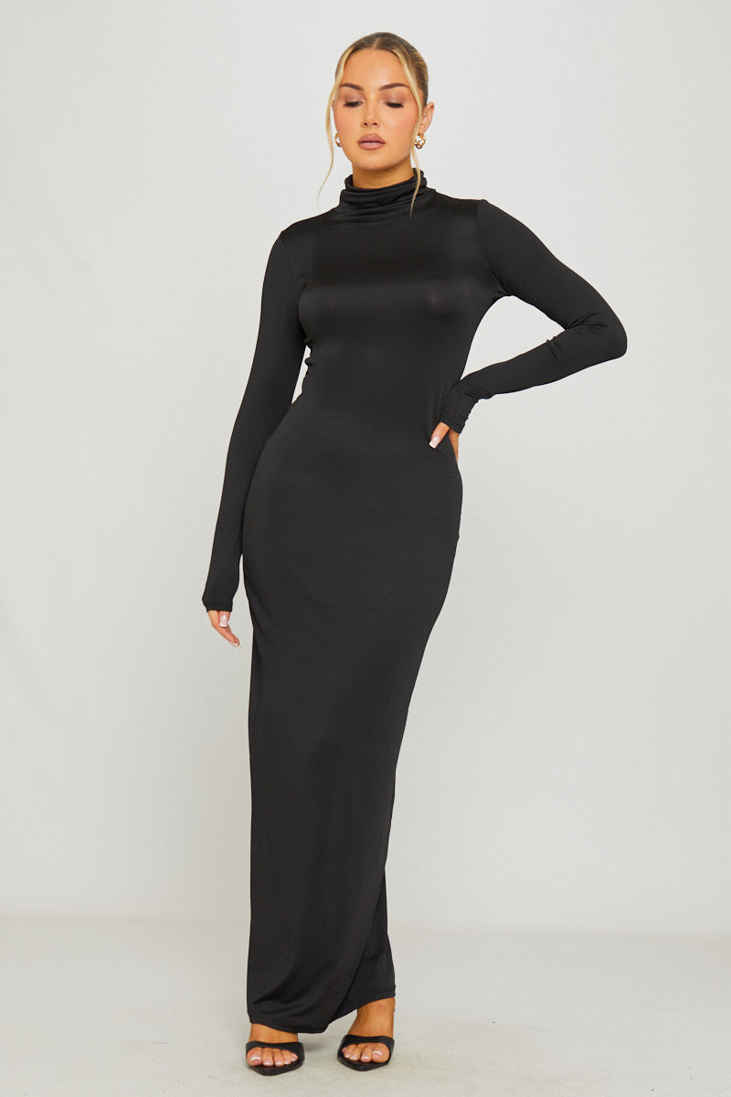 Black Turtleneck Long Sleeve Bodycon Maxi Dress
