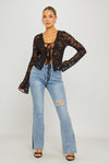 Black Lace Tie Front Flared Sleeve Top