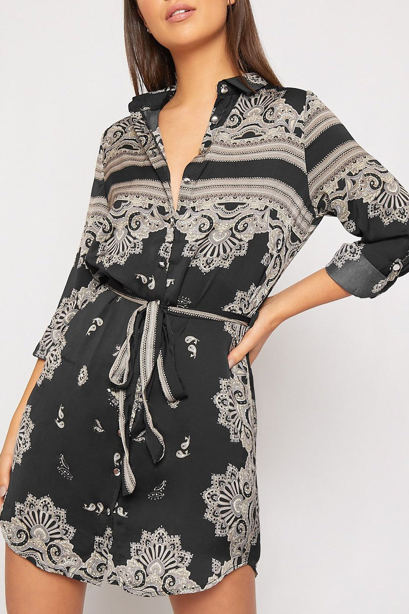 Black Paisley Print Long Sleeve Belted Shirt Dress