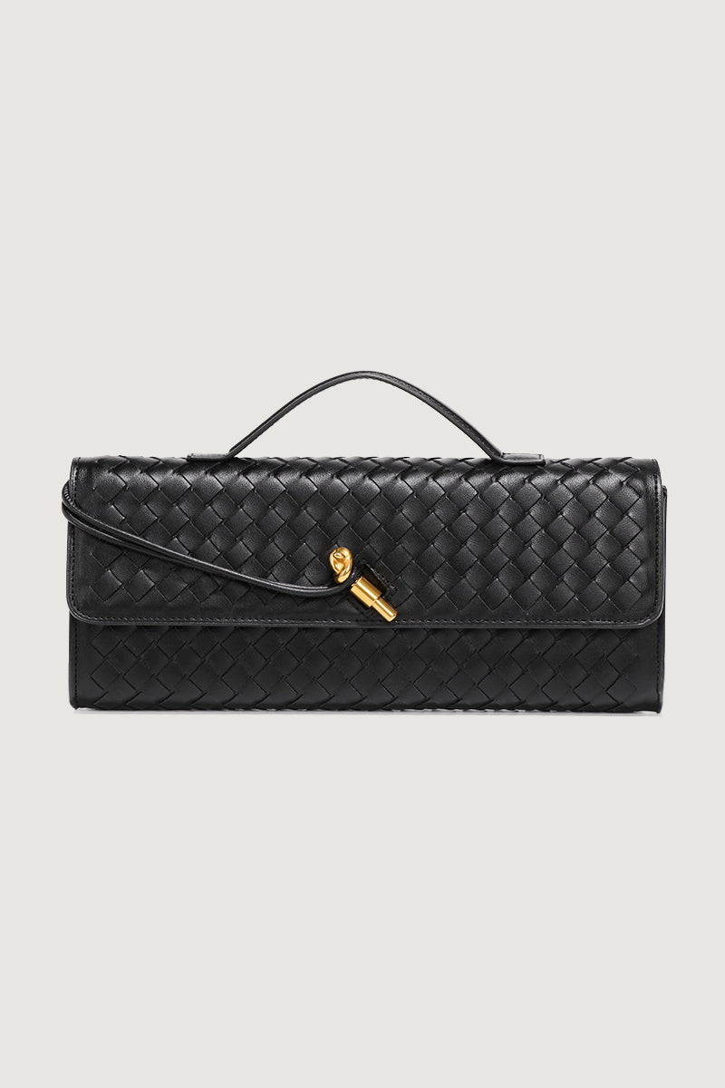 Black Woven Faux Leather Top Handle Clutch Bag 