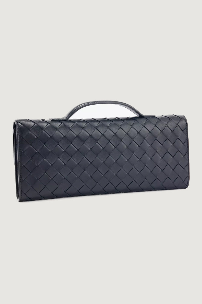 Black Woven Faux Leather Top Handle Clutch Bag 