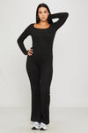 Black Rib Knit Square Neck Long Sleeve Jumpsuit