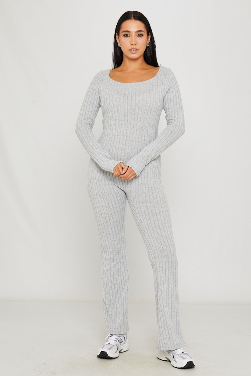 Light Grey Rib Knit Square Neck Long Sleeve Jumpsuit